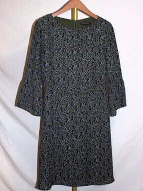 Banana Republic Olive Green w/ Navy Floral 3/4 Bell Sleeve Knee Length Dress